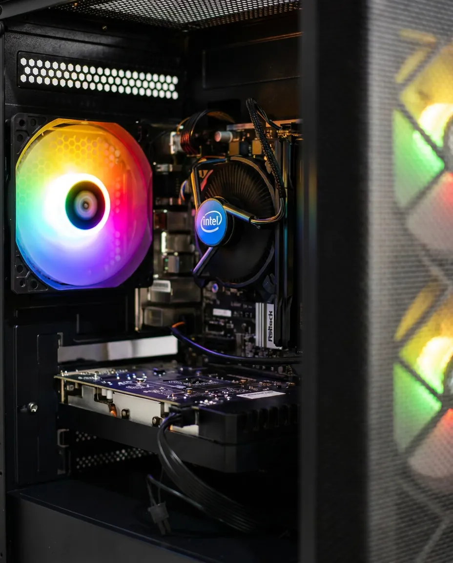 Interior do PC mostrando cooler Intel, fan RGB e placa ASRock
