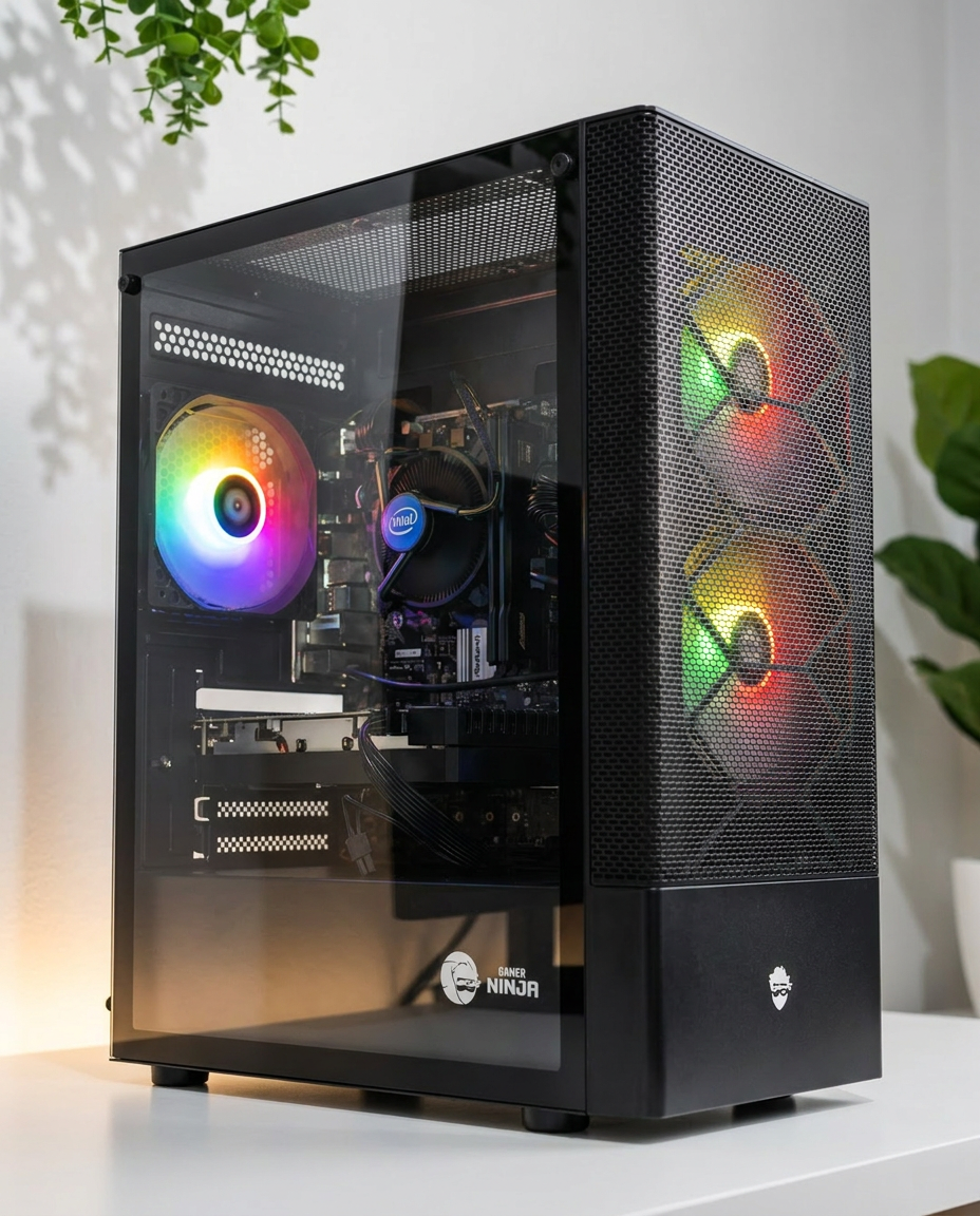 PC Gamer Ninja — gabinete preto com fans RGB e lateral em vidro